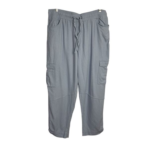 Happily Grey Cargo Drawstring Pants Womens XL Baby Blue Linen Blend Crop Coastal - Picture 1 of 7